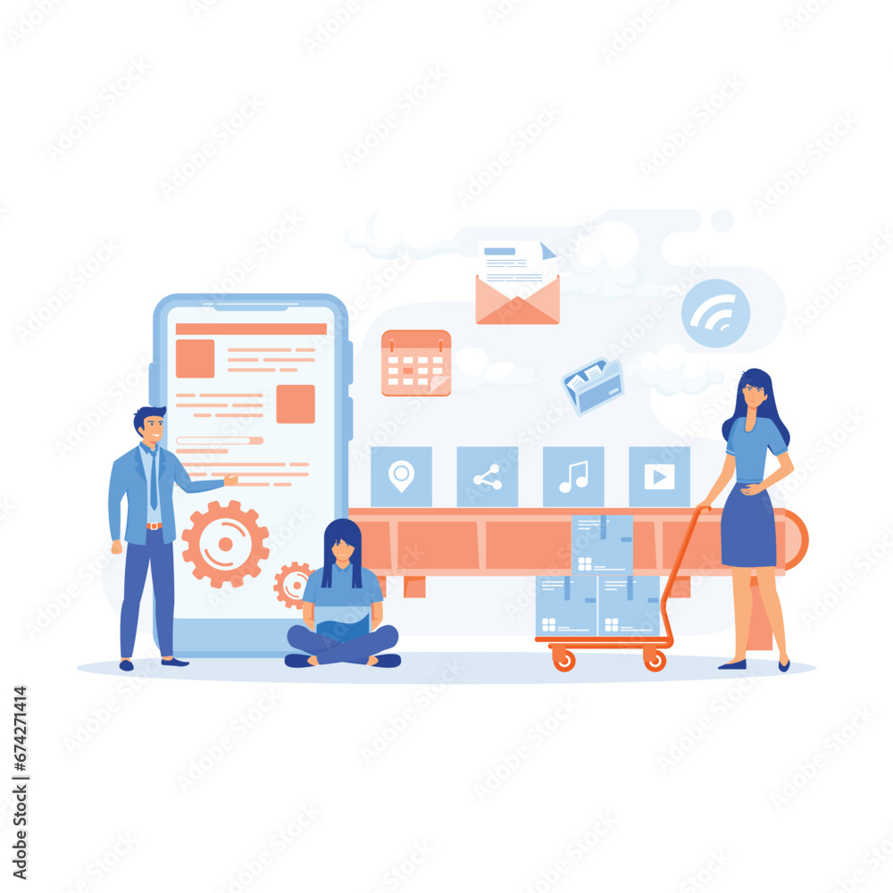 Aufkleber smart industry. connecting, loading a smartphone and sharing media data with a system, flat vector m