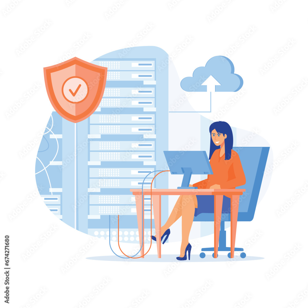 Poster server maintenance. people working on computer and doing technical work with server, flat vector mod