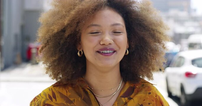 Face, woman and talk for interview in city for health, breast cancer and awareness in Cape Town. Black person, answer and unsure of mammogram exam, procedure and information of medicare on street