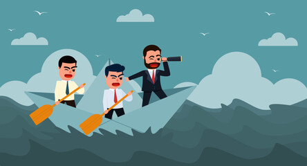 Businessman leader looking through binoculars is taking his business team on paper boat in the ocean with strong waves. Business struggle concept with obstacles. Teamwork leads to success.