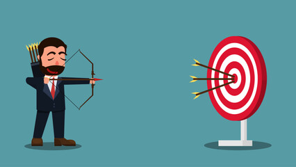 A confident businessman shoots an arrow at a target. Ambitious and challenging to succeed in business. Career development and motivation to achieve great goals or goals concept. Vector illustration