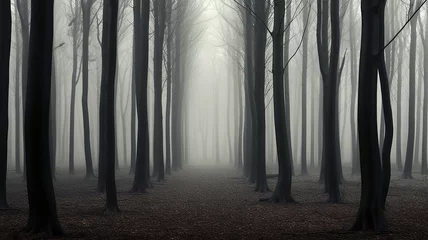 Foto op Plexiglas Donkergrijs landscape mystical white fog in the autumn depressive forest, sadness loneliness mood