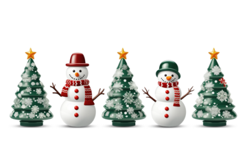 Set of snowman and trees Christmas decorations isolated on transparent or white background, png