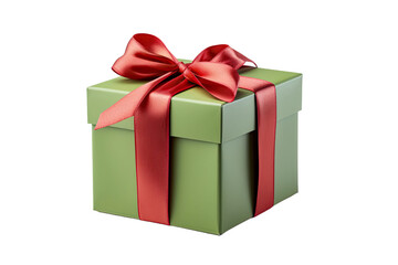 Obraz premium A green Christmas gift box with red ribbon on white background