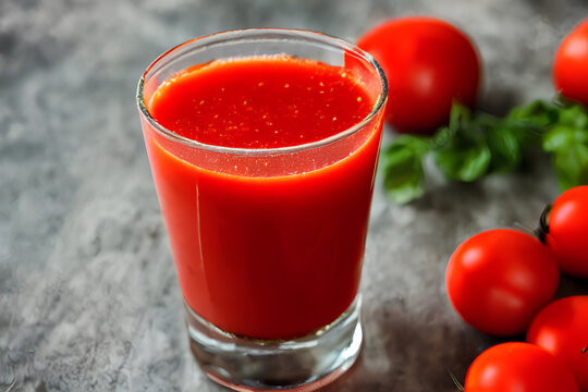 A refreshing image of a crystal-clear glass filled with tomato juice, condensation forming on the exterior, presenting the deep, rich red color in a visually appealing manner