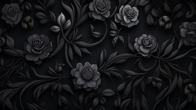 black flowers ornament on dark background gothic style