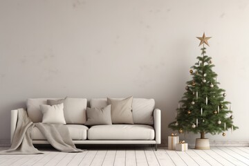 Modern minimalistic stylish living room in pastel color with sofa, pillows and plaid. Сhristmas tree decorated with decorations and star, gift boxes, new year's decor 