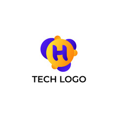 ILLUSTRATION LETTER H WITH GRADIENT ORANGE PURPLE COLOR CIRCLE DOT TECH LOGO ICON TEMPLATE DESIGN VECTOR