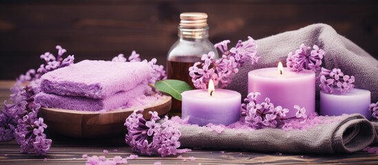 Obraz na płótnie Canvas Spring spa and bath products made with lilac flowers Hair essentials shampoo shower gel conditioner hair mask bath salt soap and towel presented on a wooden rustic background Ecological and 