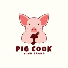 illustration of a cute cartoon pig icon with cooking utensils  animal design vector logo