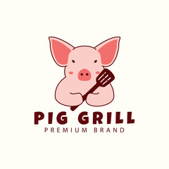 Fototapeta na wymiar cute pig cartoon logo with spatula barbecue cooking vector icon symbol illustration design animals