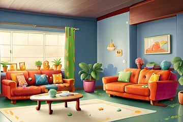 Plush linen sofa living room driftwood accents Watercolor art captures the serene elegance