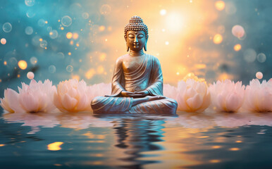 glowing golden buddha on water with pastel pink lotus flowers - obrazy, fototapety, plakaty
