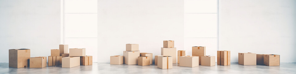 cardboard boxes isolated on a long narrow white background panorama row.