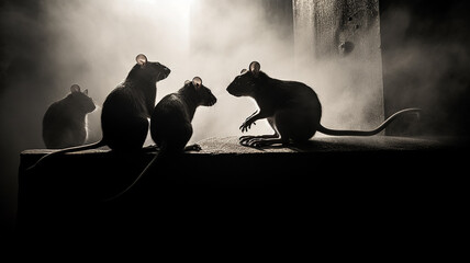 black and white silhouettes of rats in the fog and live disinfection destruction of rodents.