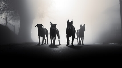 phobia fear horror attack of a pack of dogs in a black and white fog.