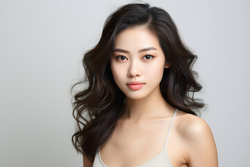 Fototapeta premium A beautiful Asian woman with smooth skin is posing for a portrait, looking directly at the camera, The photo is taken against a white background in a studio with proper lighting,