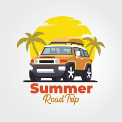 Summer Road Trip in Beach Sunset Vibes Vector Art. Flat Design. Best for Tshirt Design