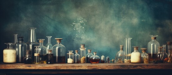 Historical background of medicine chemistry and pharmacy from the past Vintage themed - obrazy, fototapety, plakaty
