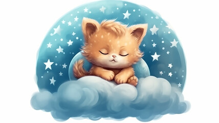 cute kitten sleeping on a cloud isolated on a white background watercolor drawing.