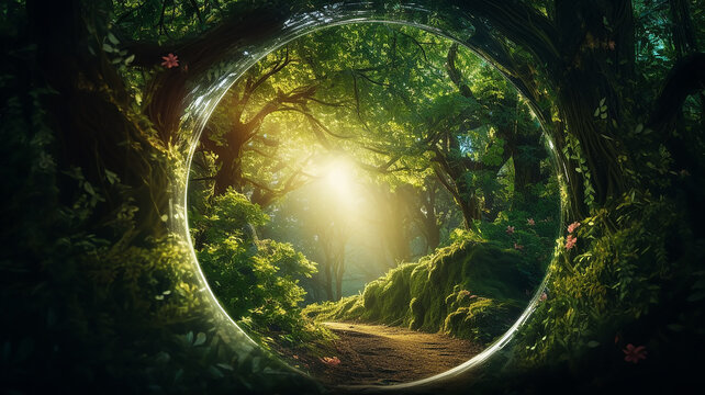 round tunnel frame arch entrance in green trees eco forest nature postcard copy space.