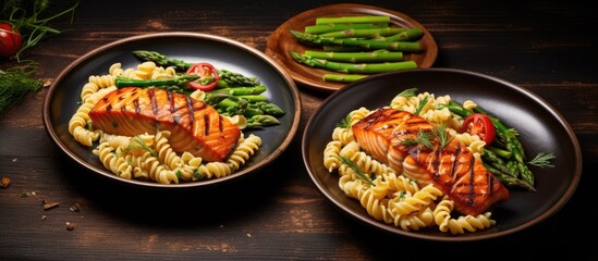 Fototapeta na wymiar Nourishing cuisine Twisted noodles with barbecued salmon and green stalks