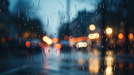 A rain covered window with a city street in the background. Generative AI.