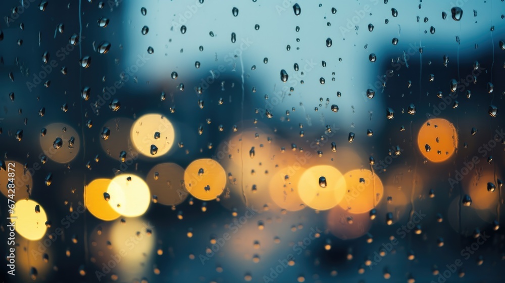 Poster rain drops on a window with a city in the background. generative ai.