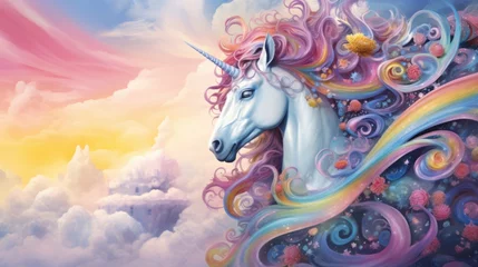 Fotobehang A fantasy painting of a unicorn with a rainbow mane. Generative AI. © serg3d