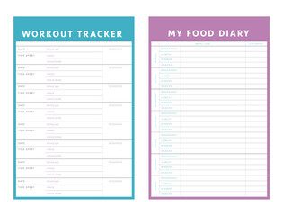 Workout tracker and my food diary planner.  Minimalist planner template set. Vector illustration.	