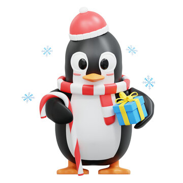 3d rendering Cute Penguin Caharacter bring a candy stick