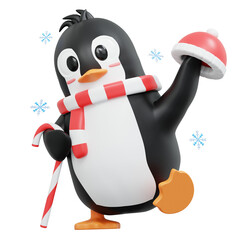 3d rendering Cute Penguin Chatacter bring candy stick and beanie
