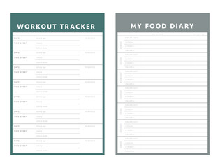 Workout tracker and my food diary planner.  Minimalist planner template set. Vector illustration.	