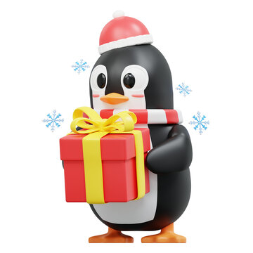 3d rendering Cute Penguin Character bring a giftbox