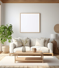 3D render of a mockup frame in the interior of a farmhouse living room,