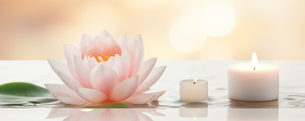 water lily with small burning candle at calming water, lotus spa and meditation zen relaxation concept