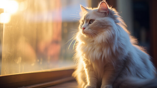 beautiful white persian cat sitting on the windowsill at sunse
