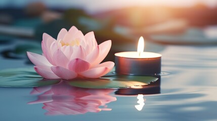 water lily with small burning candle at calming water, lotus spa and meditation zen relaxation concept - obrazy, fototapety, plakaty