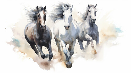 running horses watercolor on a white background dynamics composition art. - obrazy, fototapety, plakaty