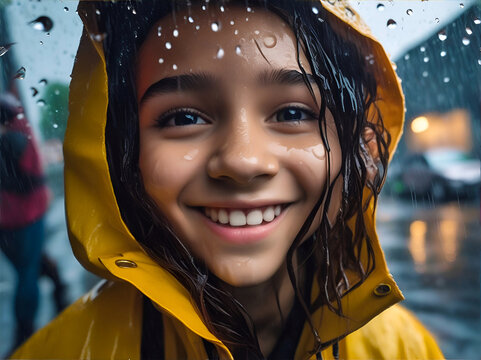 Joven ni&ntilde;a sonriendo debajo de la lluvia