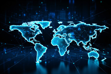 Global network connection over world map with glowing lines blue background.
