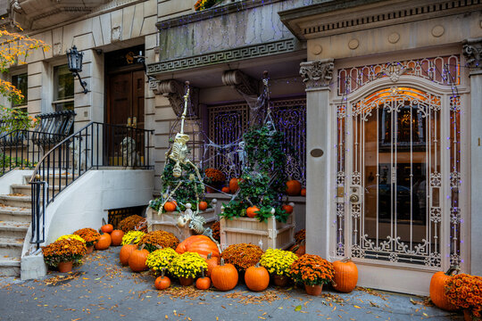 Colorful Pumpkins and Flowers on the Stairs of an Old Brownstone Home in New York City during Autumn. High quality photo
