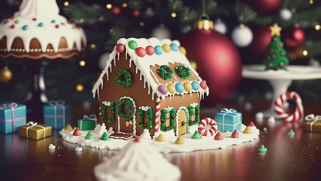 Festive gingerbread house with bright candy decorations and snowy icing, set against holiday backdrop.