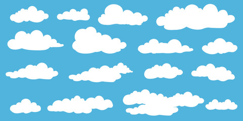 Set of cartoon clouds in flat style. white cloud collection Many white clouds for design - obrazy, fototapety, plakaty