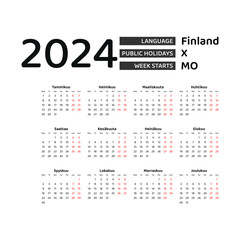 Finland calendar 2024. Week starts from Monday. Vector graphic design. Finnish language.