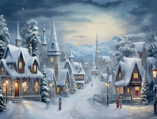 illustration of christmas village christmas tree snow