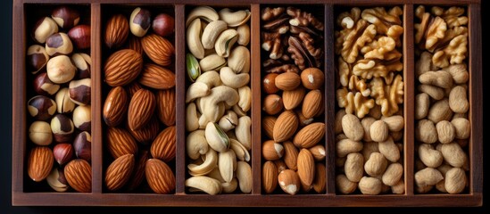 Assorted grades of nuts enclosed within a sturdy wooden container