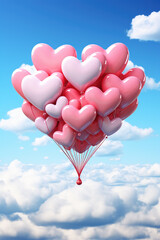 Fototapeta premium A bunch of pink heart shaped balloons floating in a pink sky. Valentines' Day concept.