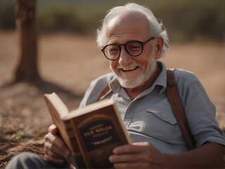 Hombre mayor leyendo un libro en al campo - obrazy, fototapety, plakaty
