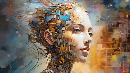 Artificial Intelligence, futuristic illustration of AI represented by a female hybrid technology interface, machine learning